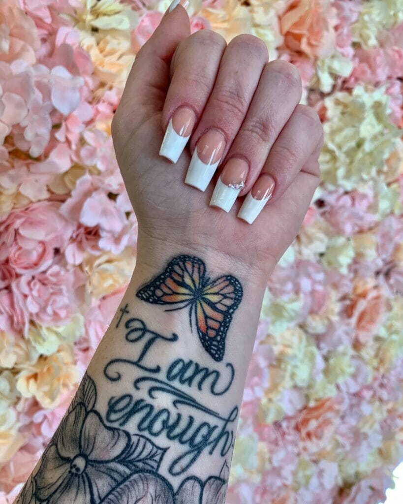 Flowers And Butterfly I Am Enough Wrist Tattoo