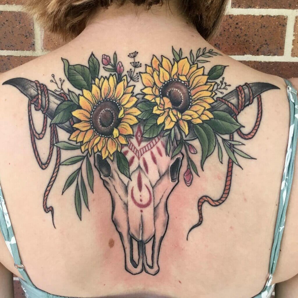 Texas Longhorn Tattoo With Flowers