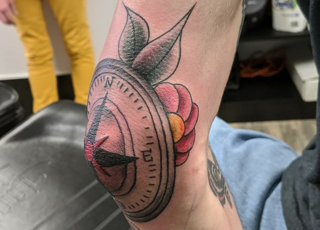 Large Compass Tattoo On Elbow