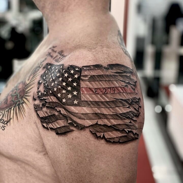 Torn American Flag Tattoo Firefighter Red Line