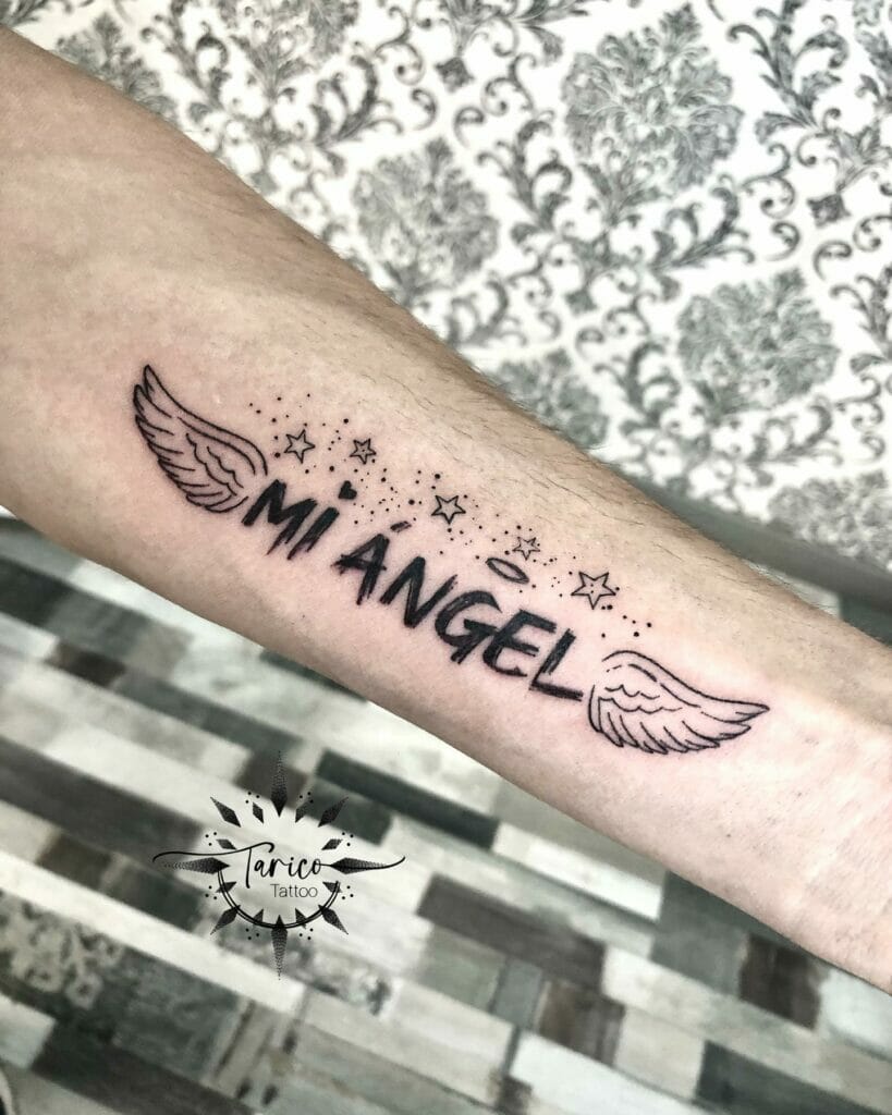 Angel Name Forearm Tattoo