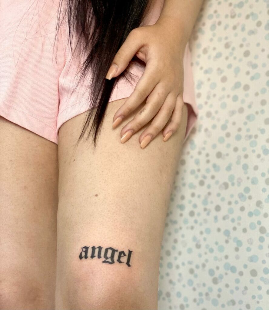 Angel Name Lower Thigh Tattoo