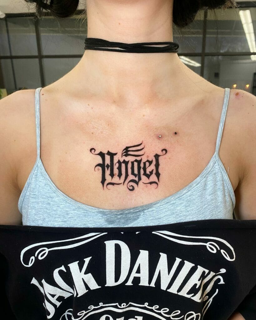 Angel Name Upper Chest Tattoo