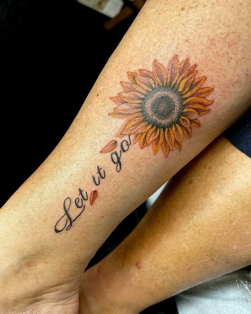 Ankle Realistic Sunflower Tattoo With Quote