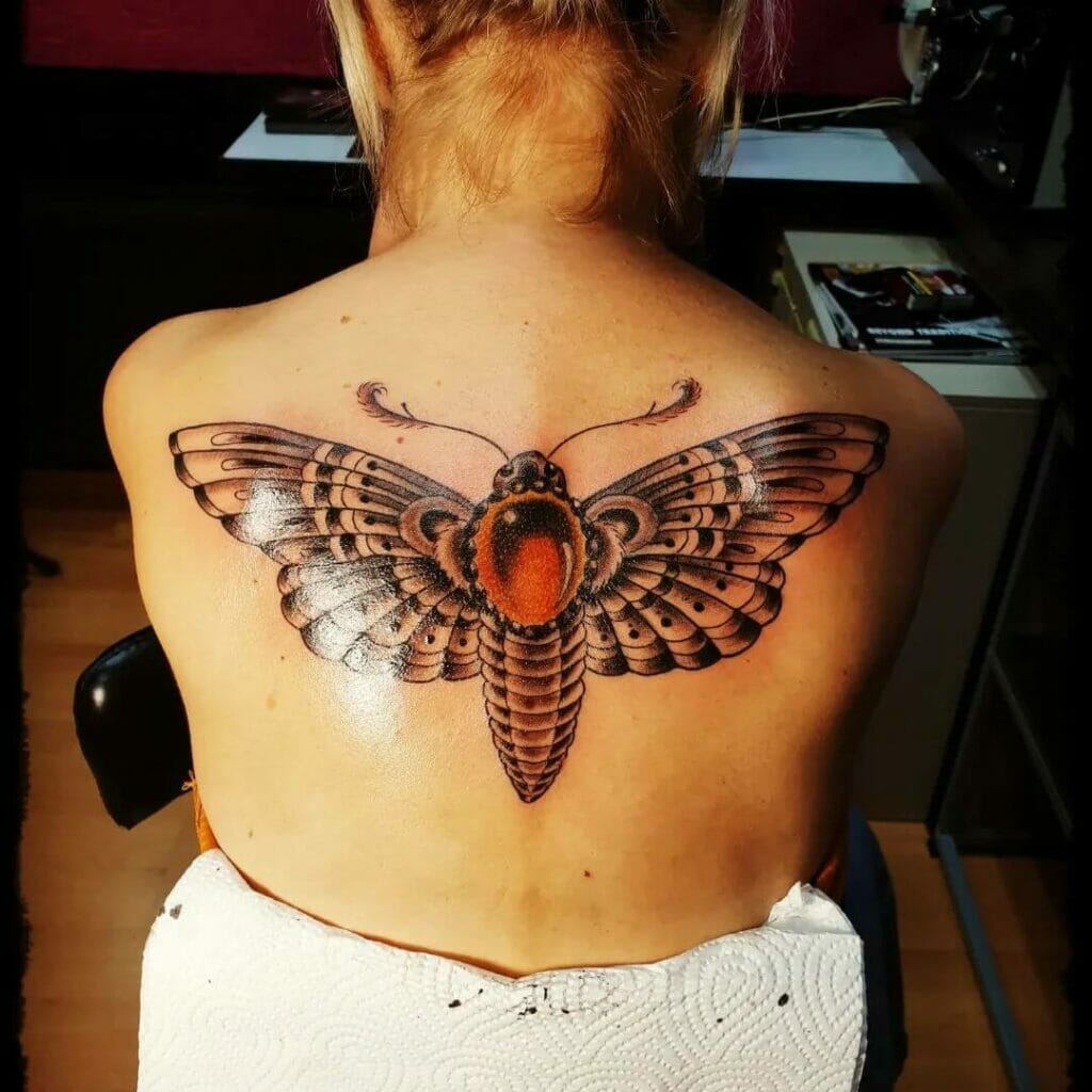 Red And Black Butterfly Spine Tattoo
