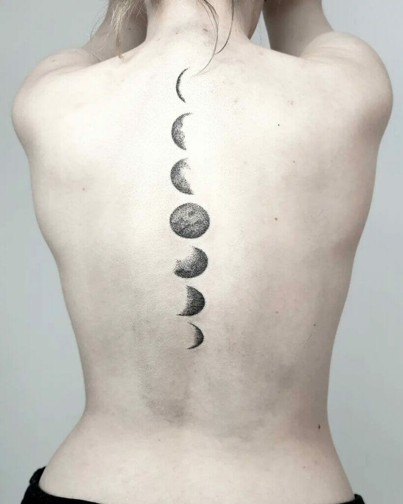 Stunning Dot Art Moon Phases Tattoo On Spine