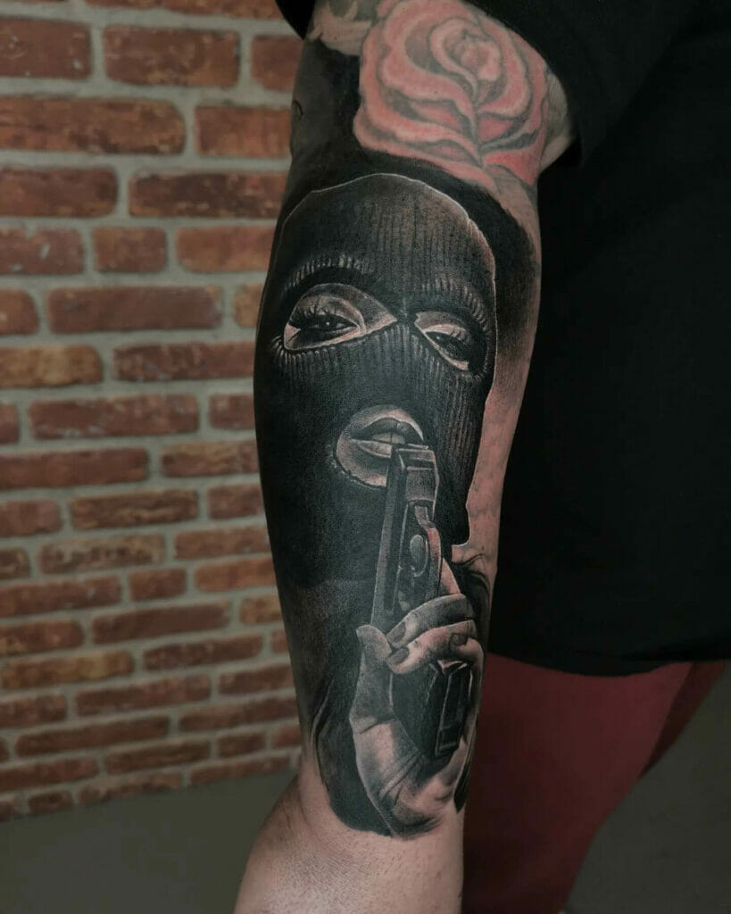 Mafia Woman In Black Ski Mask Tattoo Designs