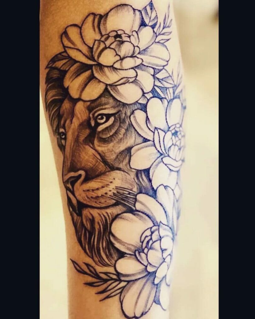 Tribal Lion Head Flower Tattoo