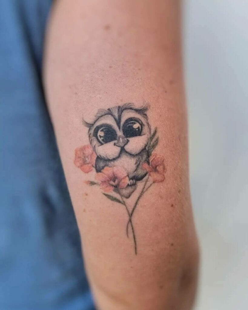 Cute Owl Tattoo With Red Flowers