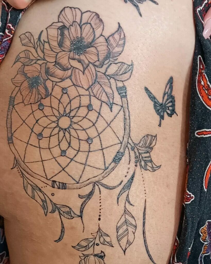 Detailed Dream Catcher With Butterfly Tattoo