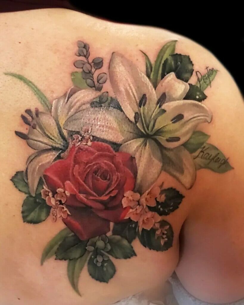 Watercolor Red Rose Tattoos With Peonies