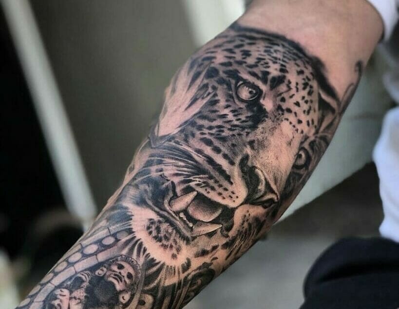 Tattoo uploaded by Tye Tremblay  jaguar skull animalheaddress Aztec  blackandgrey realism  Tattoodo