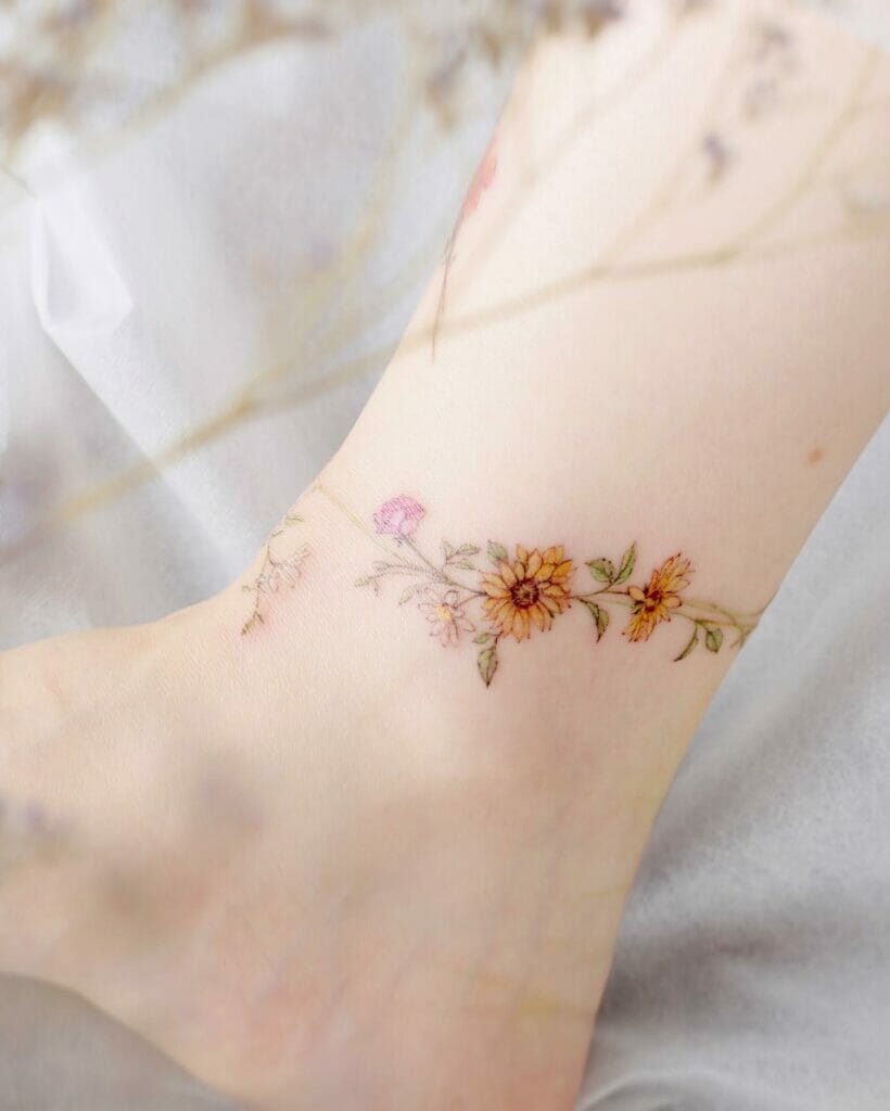 Band Of Flowers Sunflower Ankle Tattoos