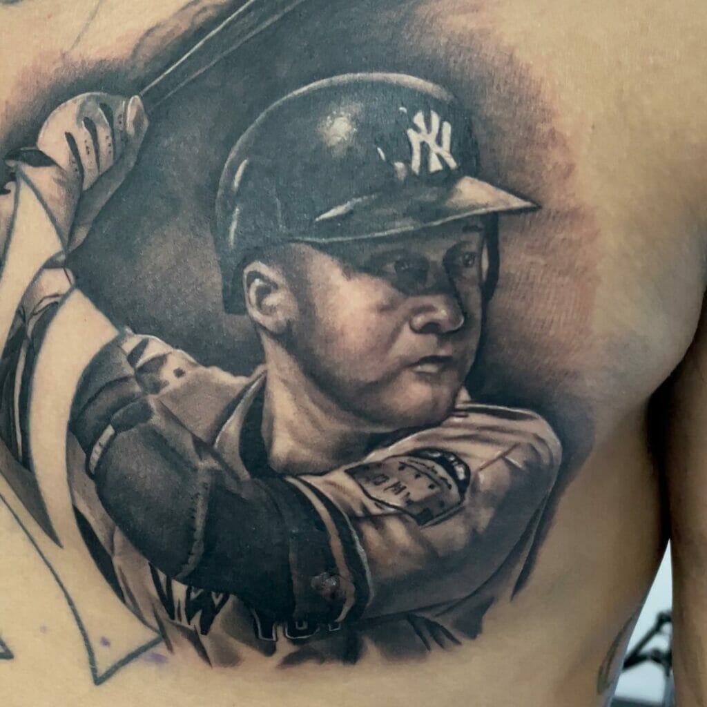 Baseball Player On Chest Tattoo