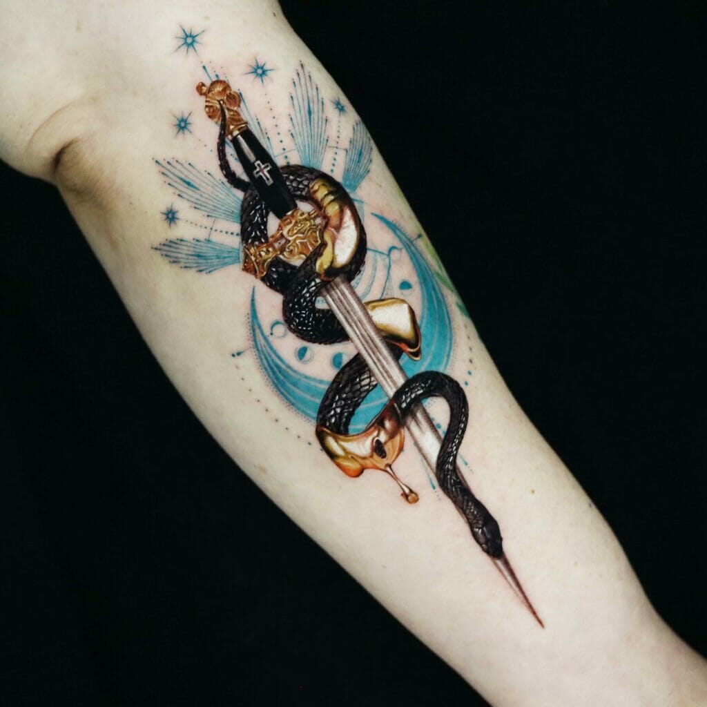 Black And Gold Snake Wrapped Around A Sword Tattoo With Dripping Gold