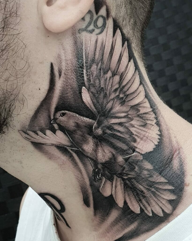 Black And Grey Ink Dove Neck Tattoo
