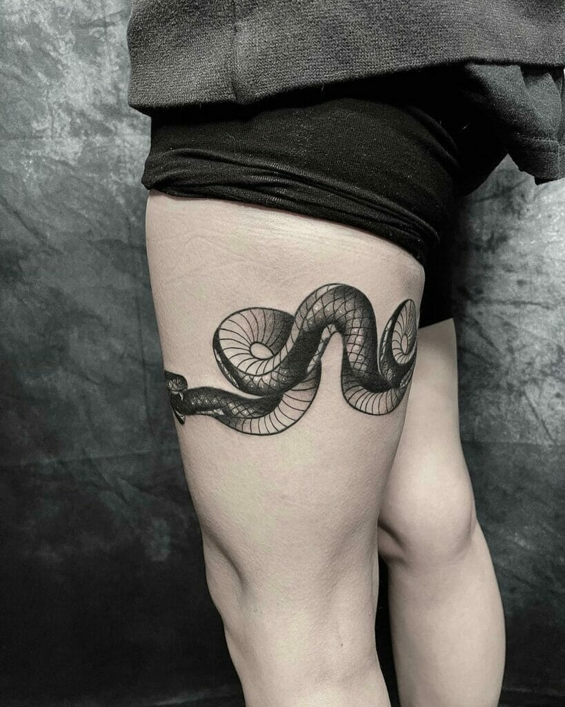 Black And Grey Ouroboros Leg Magnificent Band Tattoo