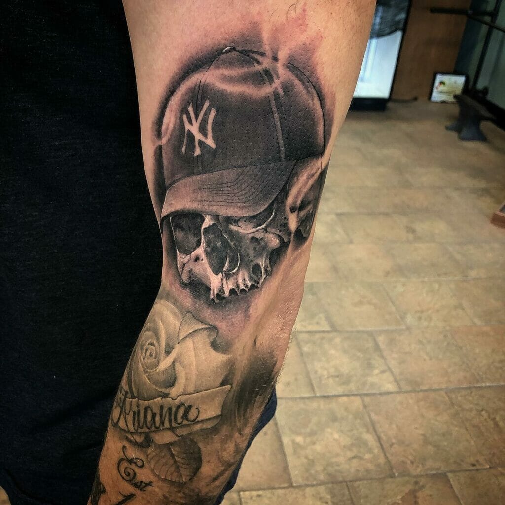 Black And Grey Skull Yankees Tattoo