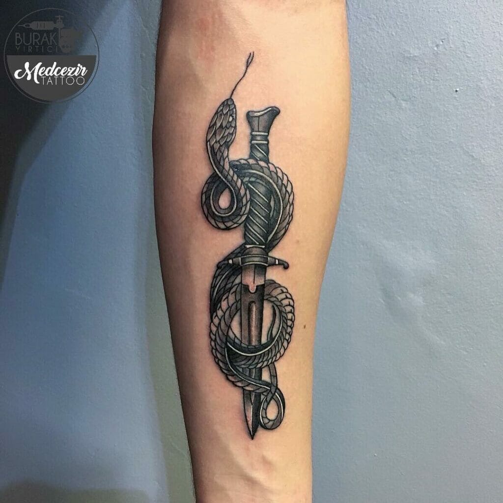 Black And Grey Snake Wrapped Around A Dagger Tattoo