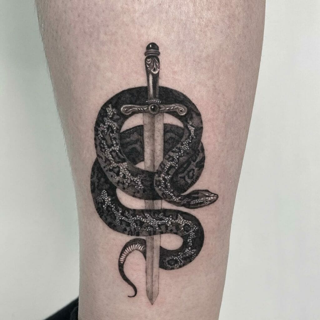 Black And Grey Sword And Snake Tattoo
