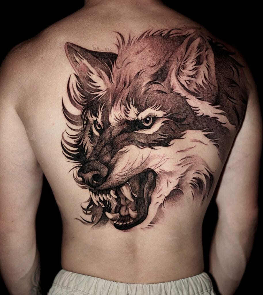 Black And Grey Watercolor Wolf Tattoo On Back Design
