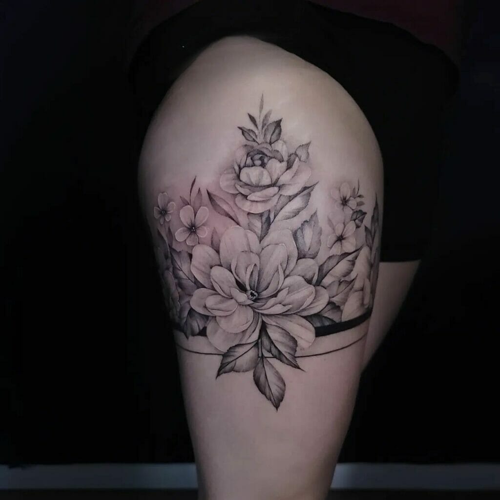 Black And White Flowers Band Thigh Tattoo