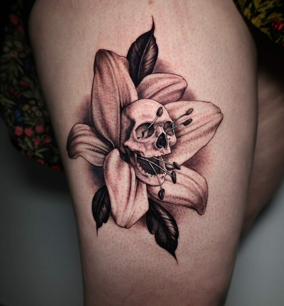 Blooming Flower And Skull Tattoo