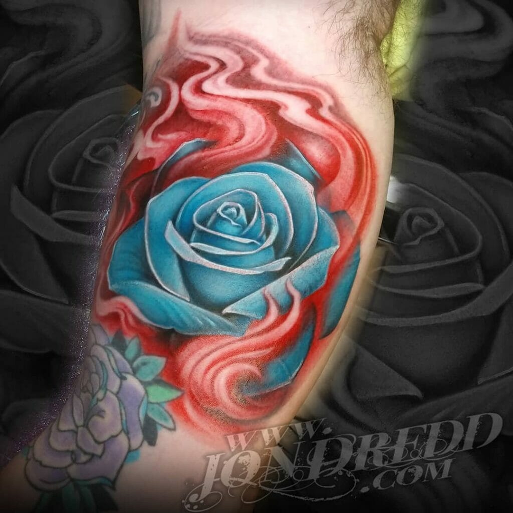 Blue Rose Tattoo With Red Flames