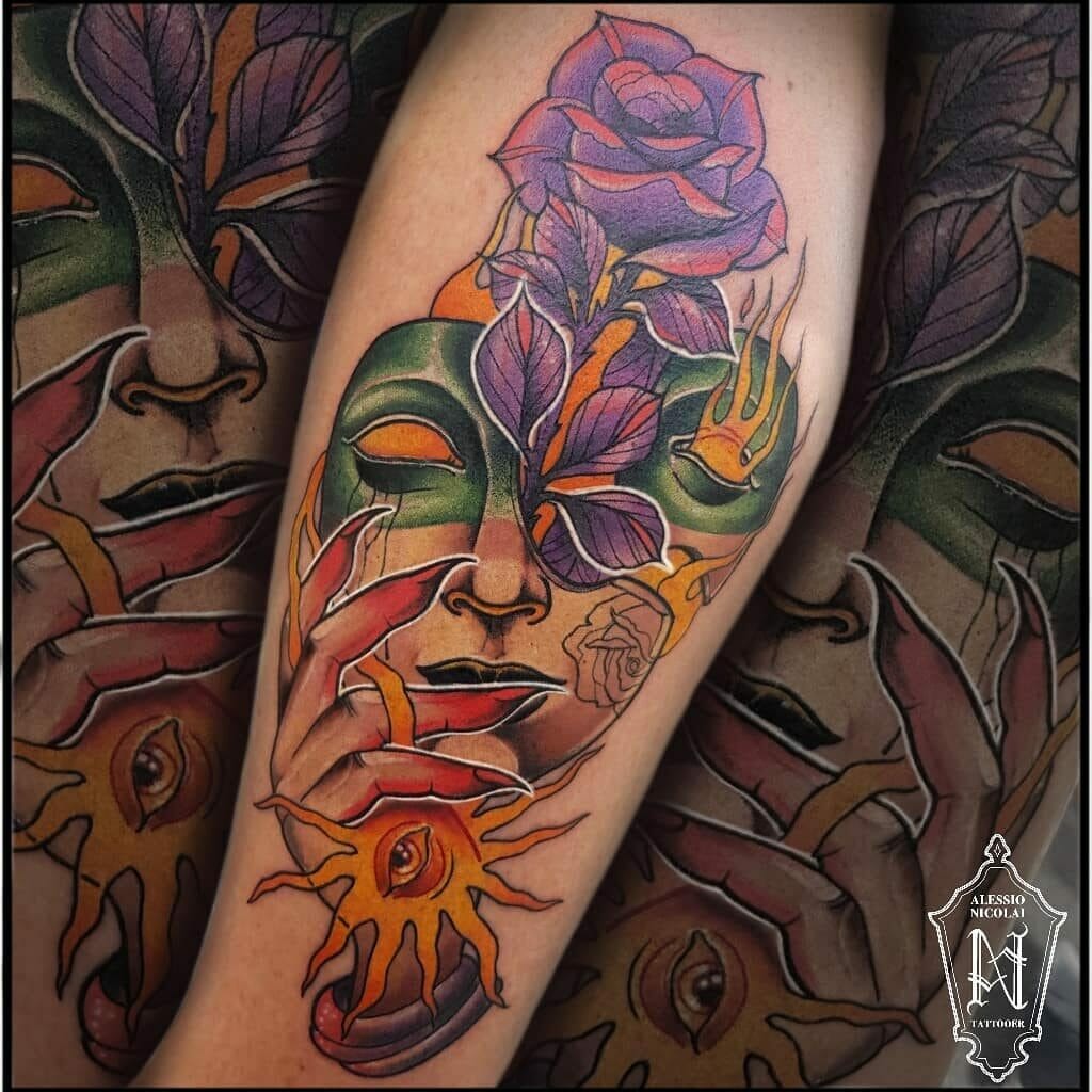 Burning Purple Rose And Mask Tattoo Design