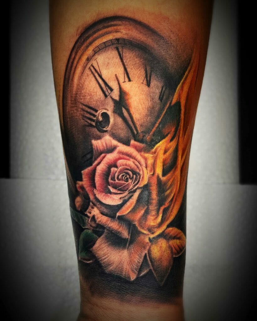 Burning Red Rose With A Clock Tattoo