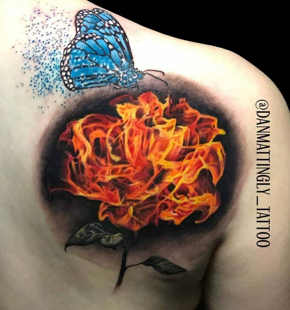 Burning Rose With Butterfly Tattoo Design