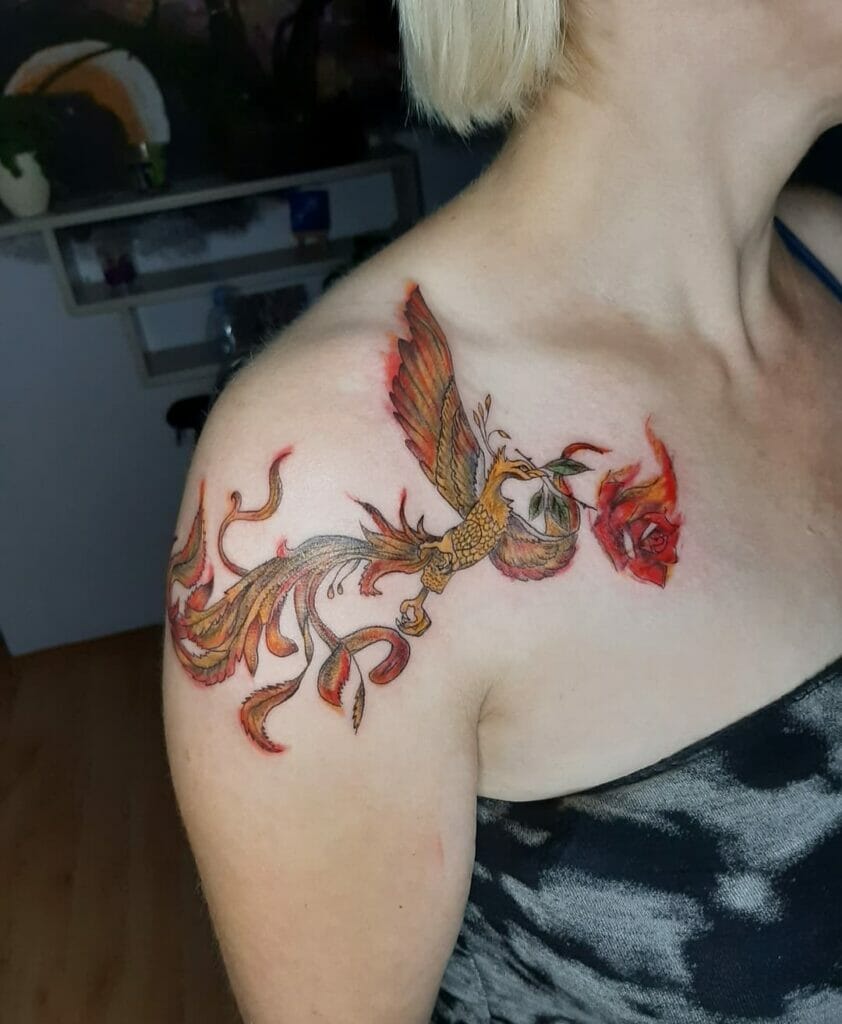 Burning Rose With Phoenix Tattoo Design