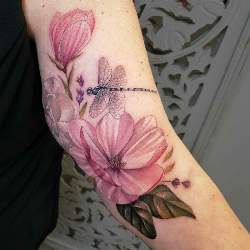 Butterfly On Pink Petals Cover Up Scar Tattoo Design