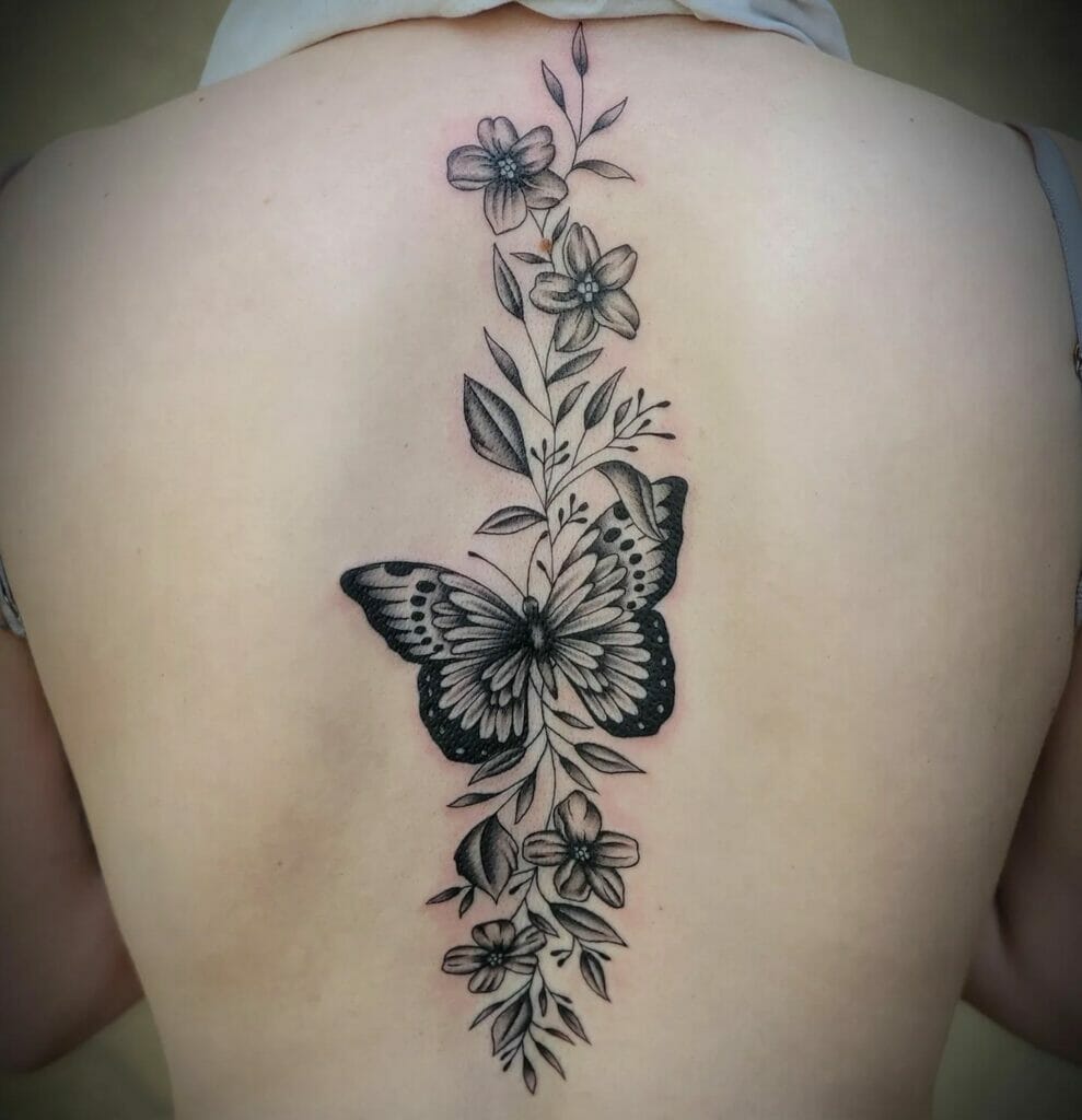 Butterfly Sketch Tattoo On Spine