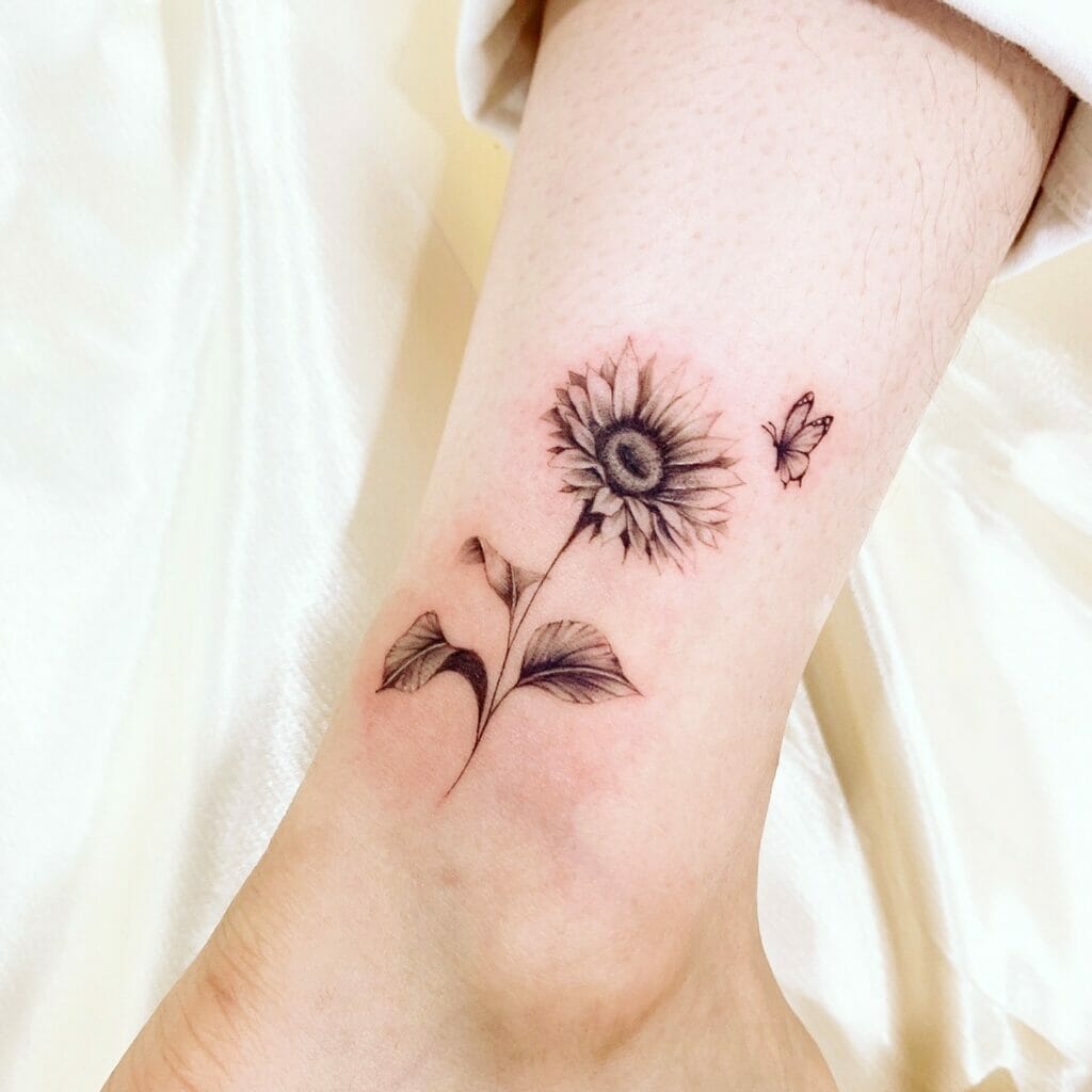 Butterfly X Sunflower Tattoo On Ankle