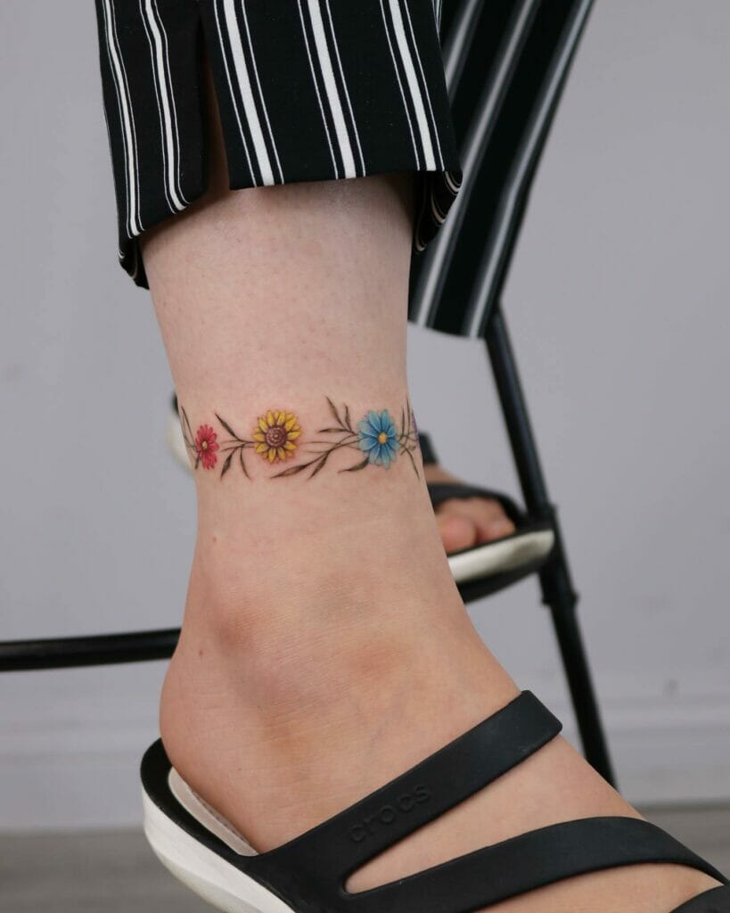 Colorful Sunflower Ankle Bracelet Tattoo