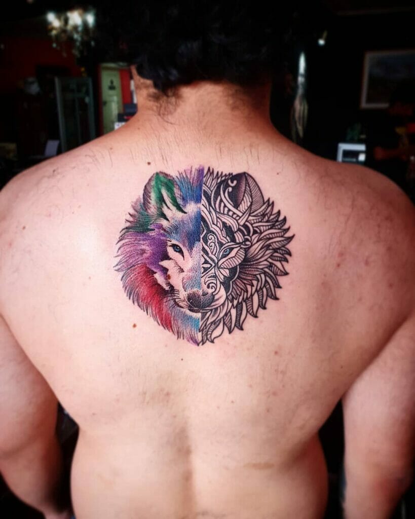 Colorful and Black and White Lone Wolf Tattoo on Back Design
