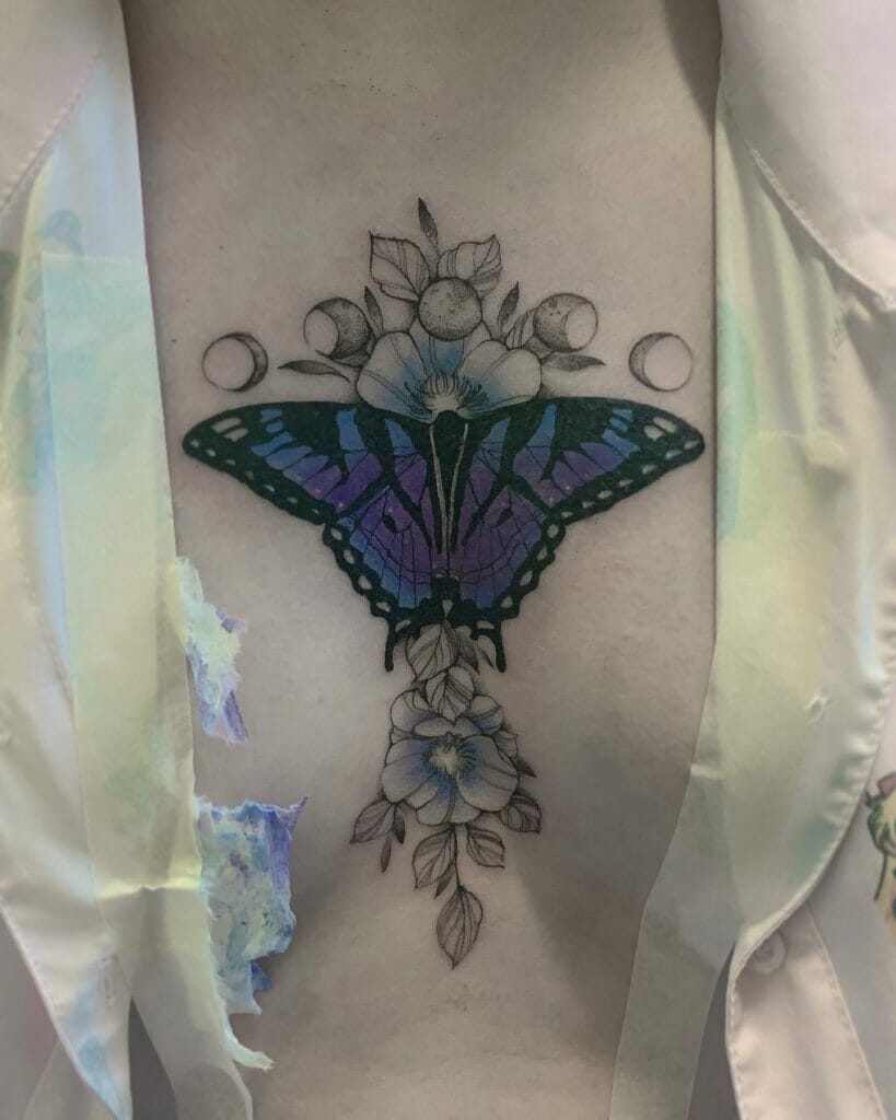 Crescent Moon And Colorful Butterfly Tattoo