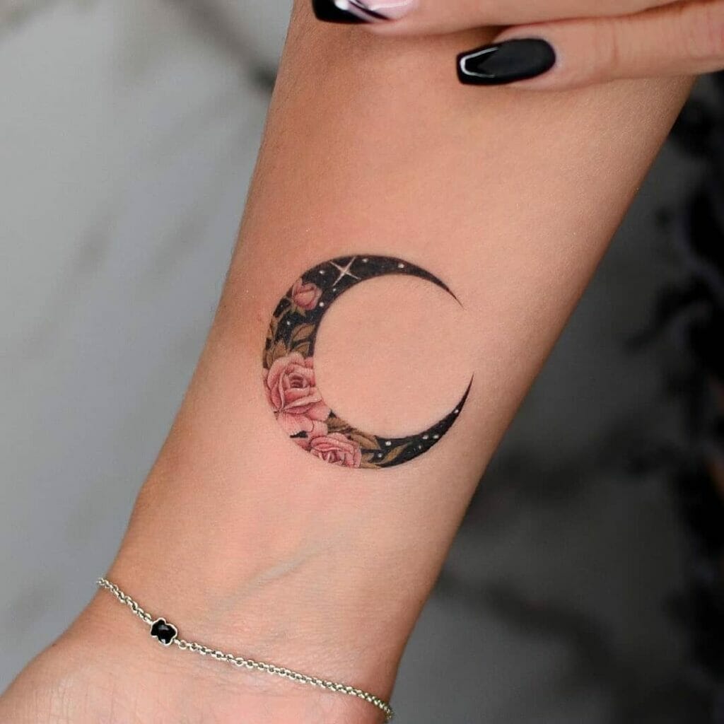 Crescent Moon Floral Tattoo