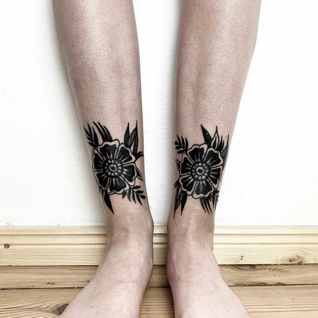 Dark Flower With Leaves Black Tattoo Art
