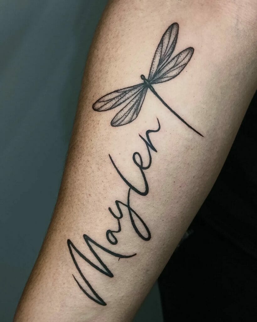 Dark Ink Named Stylish Dragonfly Tattoo Idea