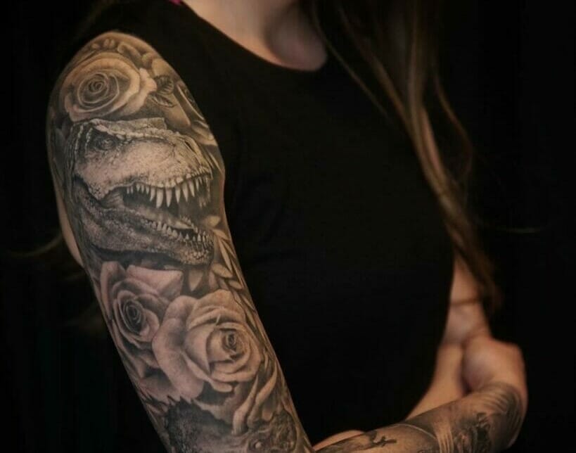 Dinosaur sleeve by Haley Adams TattooNOW