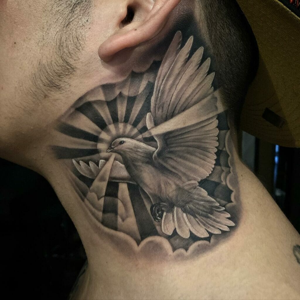 Dove Neck Tattoos With Sunrays