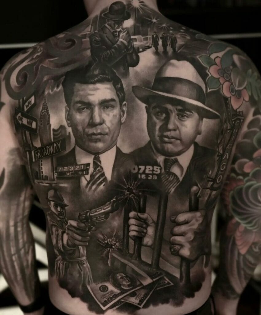 Famous Gangsters And Gun Tattoo On Back