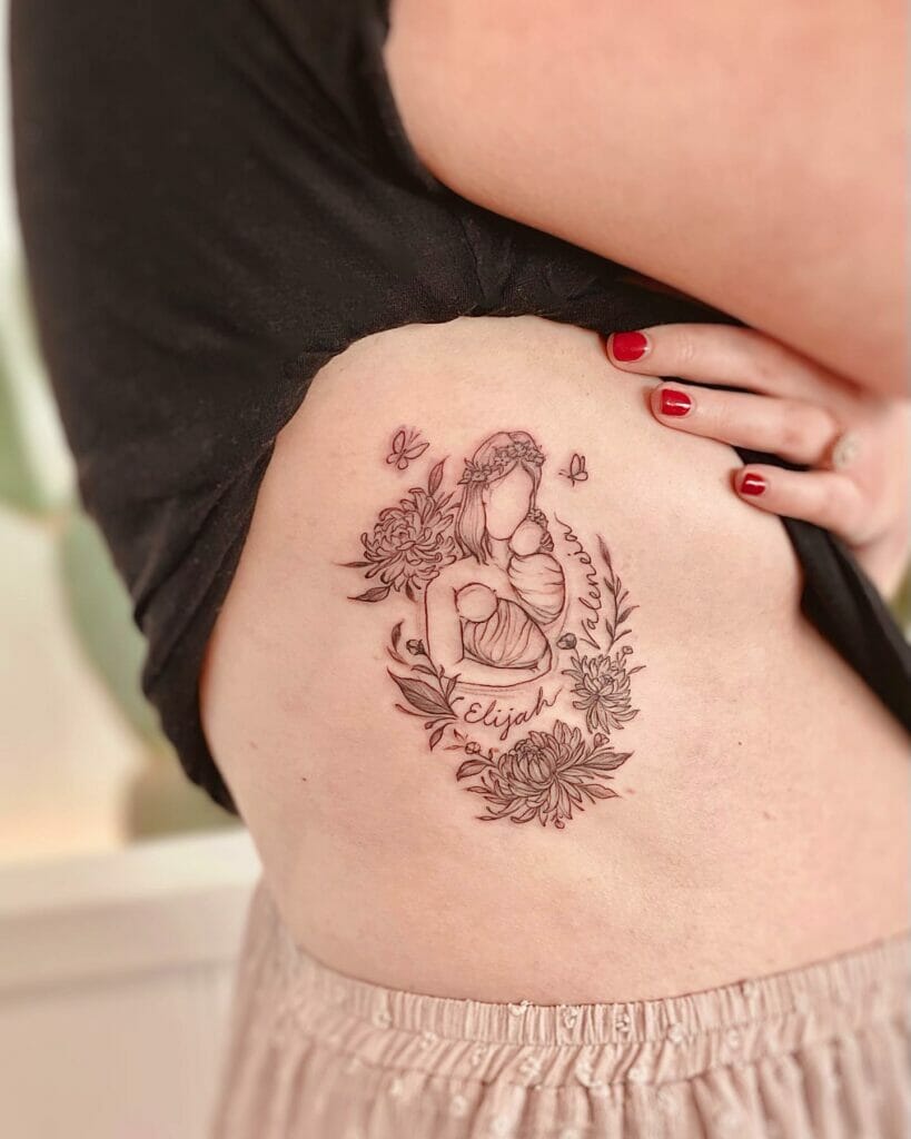 Fine Line Mama Baby Flower Tattoo