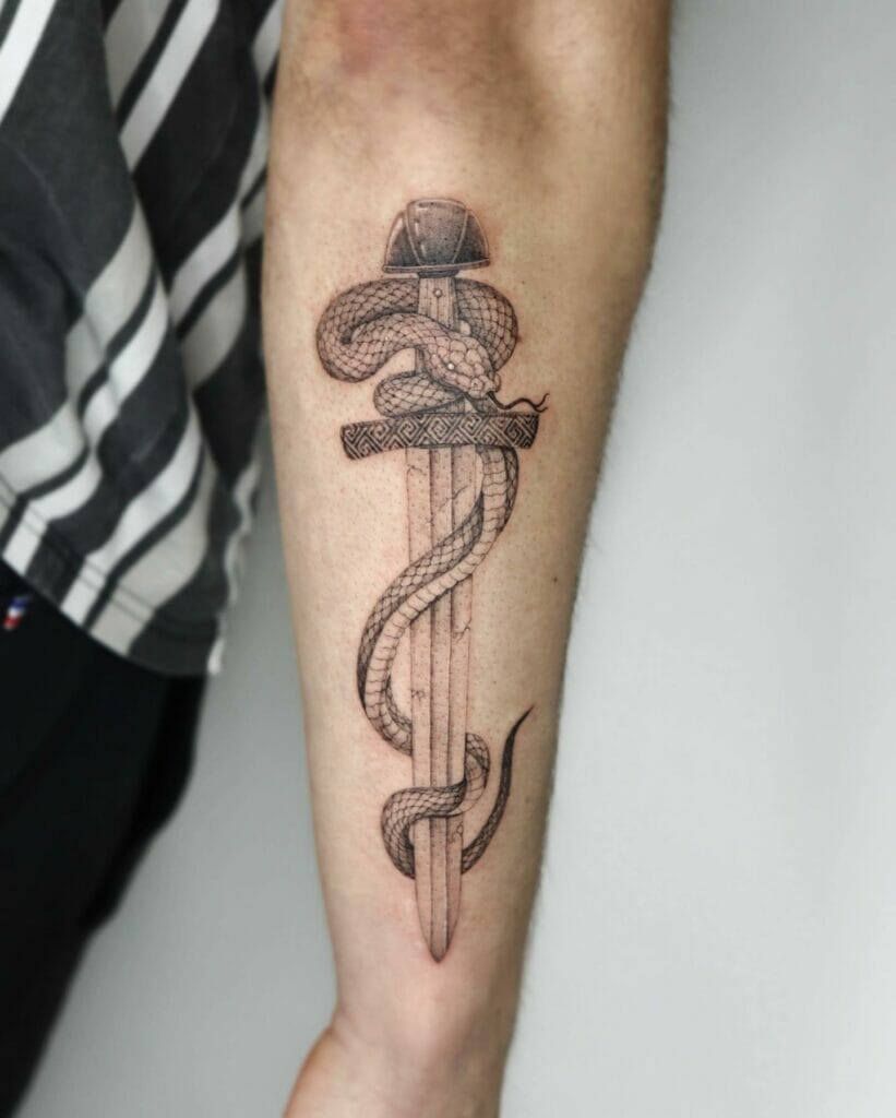 Fine Line Sword And Snake Tattoo