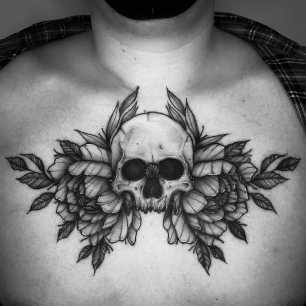 Flower And Skull Tattoo On Chest
