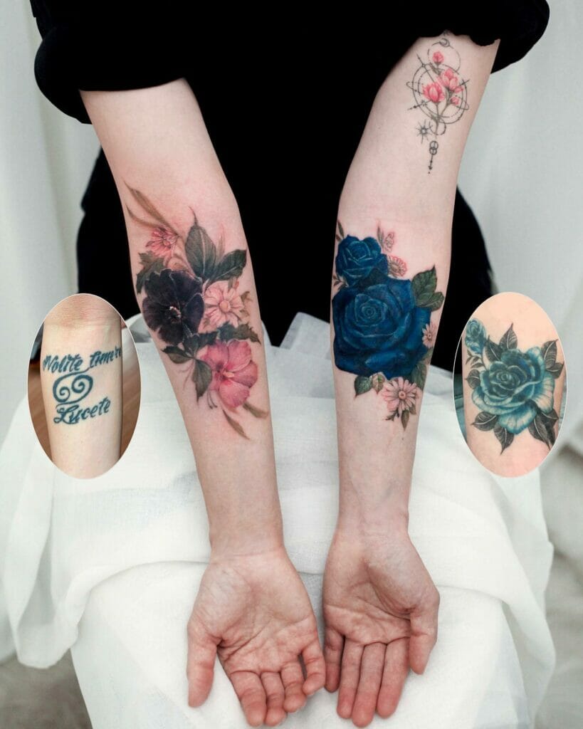 Flower Tattoos And Blue Rose Tattoos On Forearms