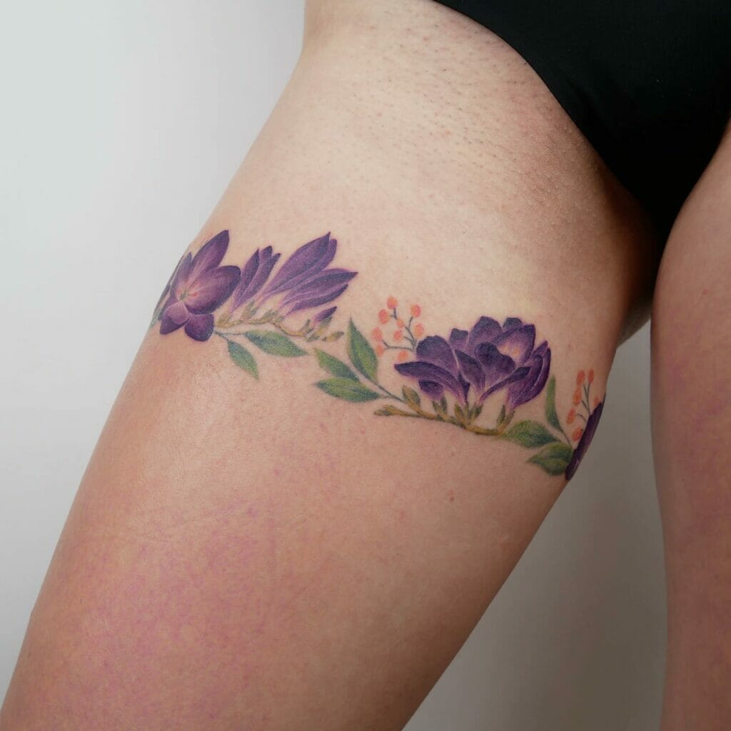 Freesia Flowers Leg Awesome Band Tattoo