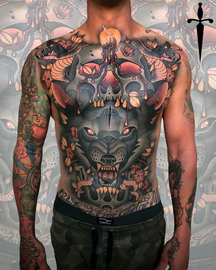 Full Front Body Neo Traditional Tattoo Wolf And Skull Tattoo